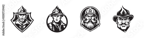 Black and white firefighter emblems isolated on a white background. Concept of fireman illustrations, rescue heroes, safety, emergency response. Print, icon, design elements. Set