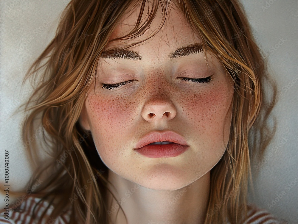 Close-Up Portrait of a Woman with Freckles and Eyes Closed Close-Up Portrait of a Woman with Freckles and Eyes Closed