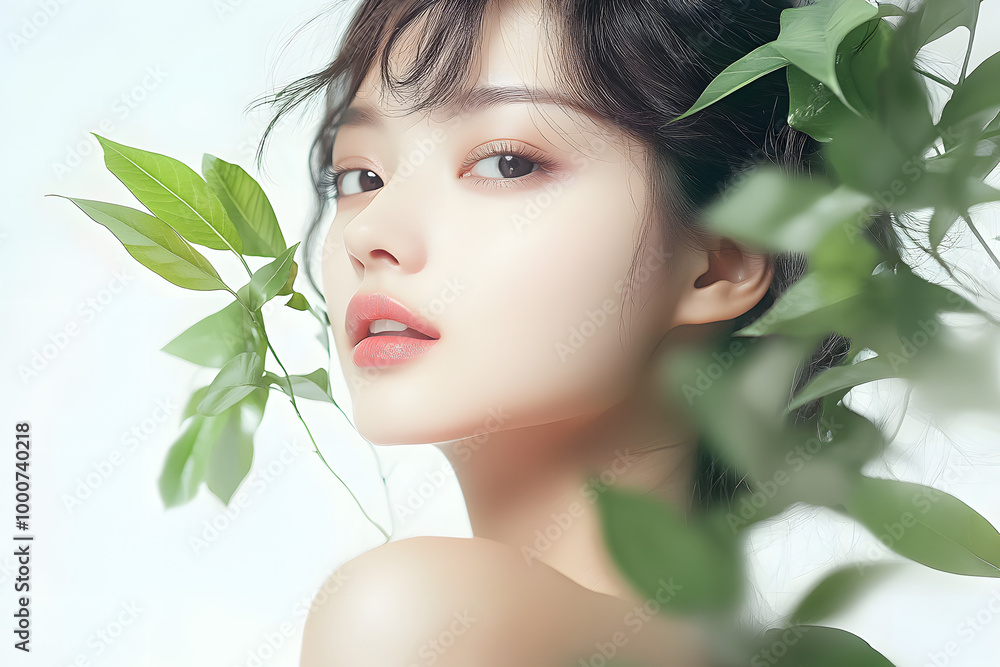 A portrait of beauty woman with nature green leaf, Asia face perfect healthy glow skin on white background. Generative AI. A portrait of beauty woman with nature green leaf, Asia face perfect healthy glow skin on white background. Generative AI.