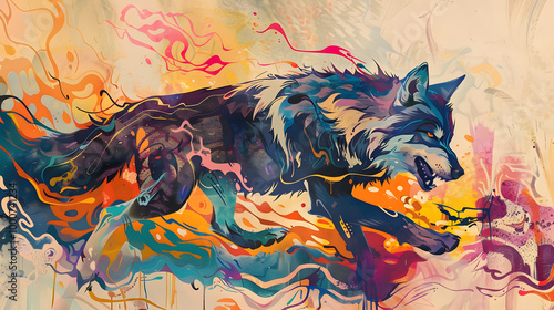 Digital illustration artwork of a colorful fox in a painting style. photo