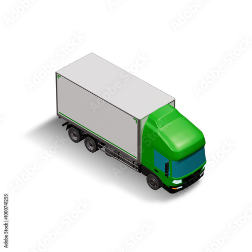 3D Isometric Cargo Truck Photoreal Vector Illustration Modern Green Cabine and White Van Intercity Delivery Vehicle 6x4 Design for Logistics Transport Presentation Social Media Video Promo Front Right photo