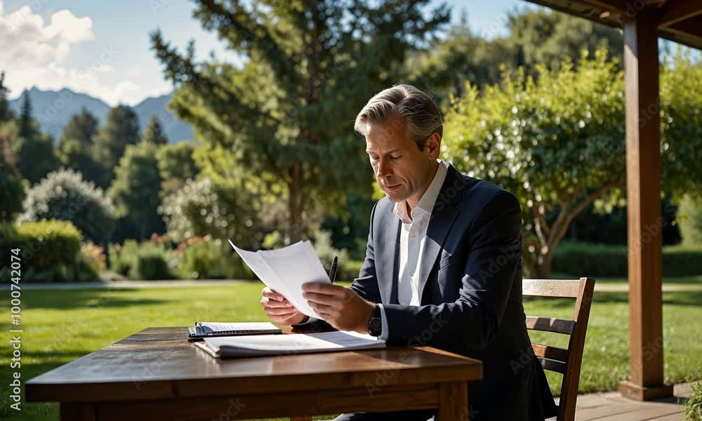 An executive reviewing a contract in a sunlit garden during an outdoor business retreat An executive reviewing a contract in a sunlit garden during an outdoor business retreat