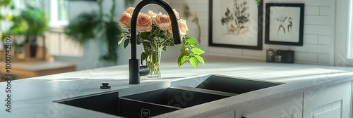 Modern kitchen sink, black faucet, peach roses in vase, marble countertop, sunlight streaming in, sleek design, minimalist decor, houseplants, clean aesthetic, interior design, soft lighting, contempo photo