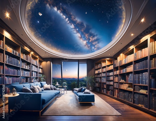 A cozy library with shelves filled with books on astronomy and the cosmos. The ceiling resem photo