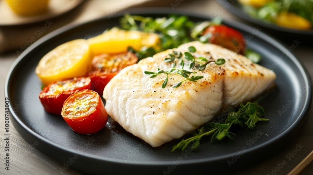 A plate of food with a fish fillet and tomatoes A plate of food with a fish fillet and tomatoes