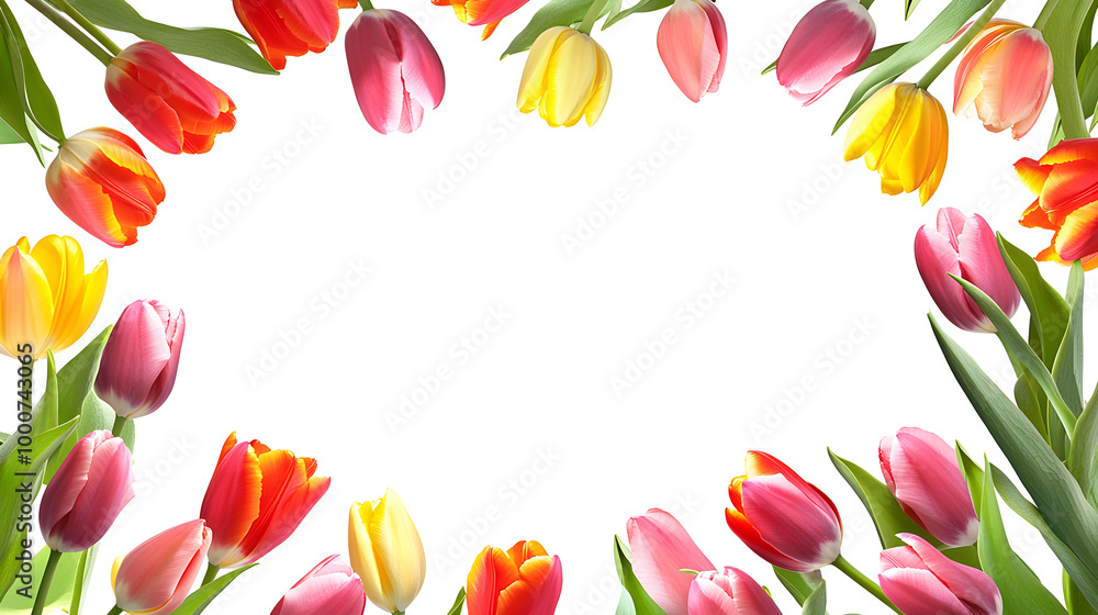 A shiny silver rectangular frame bordered with vibrant tulips of various colors, such as yellow, pink, and red, providing a A shiny silver rectangular frame bordered with vibrant tulips of various colors, such as yellow, pink, and red, providing a