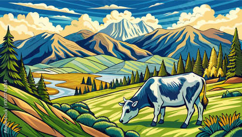 Cows grazing in a mountains landscape vector line engraving style illustration. Vector.