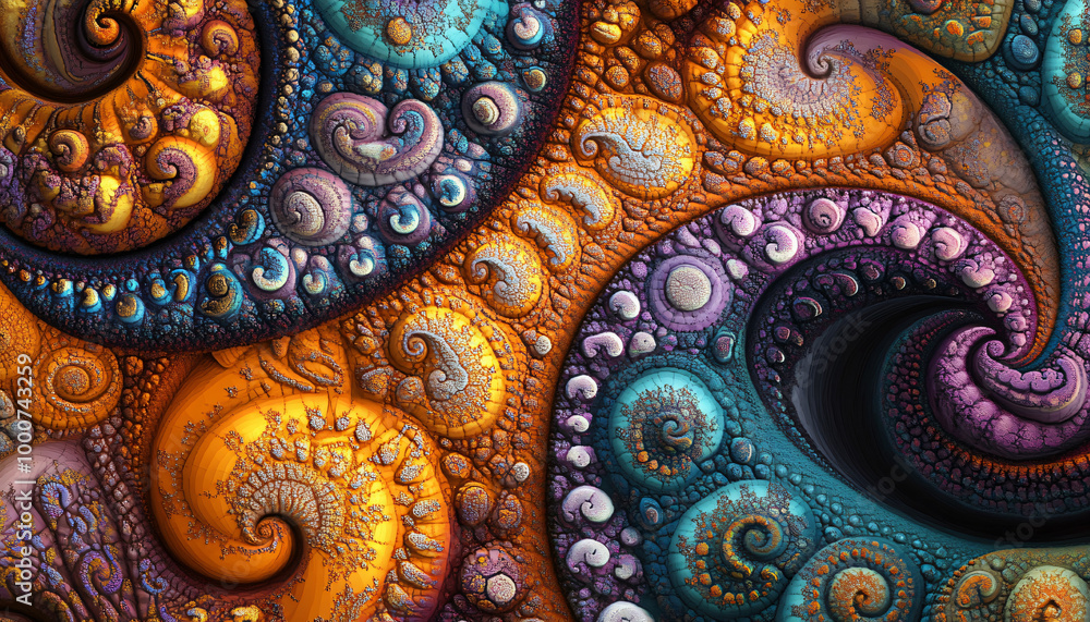 Intricate, repeating fractal patterns in vibrant colors that draw the eye into complex and mesmerizing designs Intricate, repeating fractal patterns in vibrant colors that draw the eye into complex and mesmerizing designs