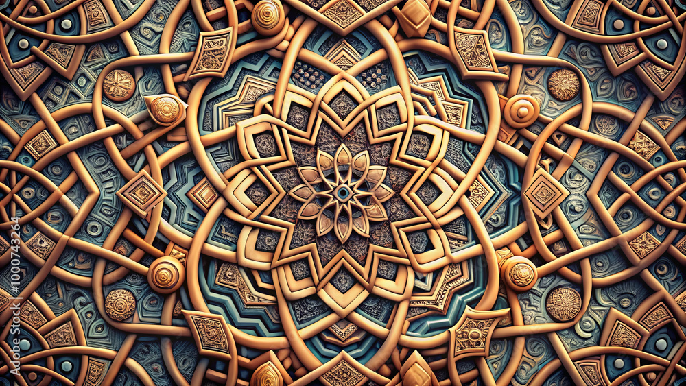 Intricate patterns of interlocking shapes create mesmerizing design, showcasing blend of geometric and floral motifs in warm tones. This artwork evokes sense of harmony and complexity Intricate patterns of interlocking shapes create mesmerizing design, showcasing blend of geometric and floral motifs in warm tones. This artwork evokes sense of harmony and complexity
