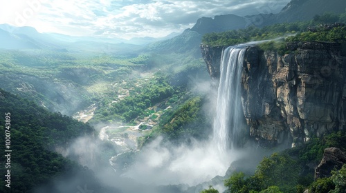 Majestic Thunderous Waterfall Cascading into Rocky Gorge with Mist Rising - Nature's Power and Beauty | Stock Photo