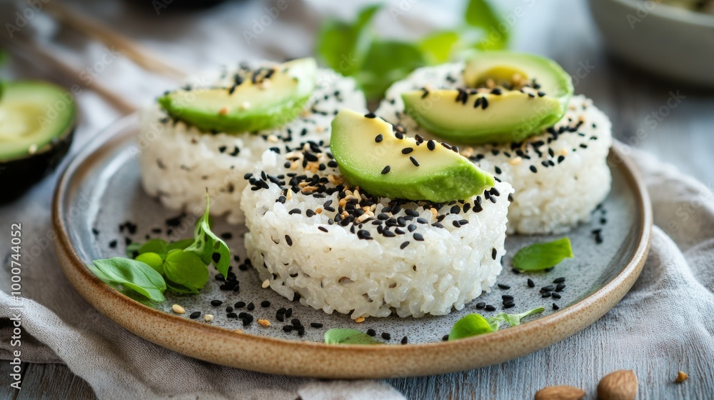 Three rice balls with avocado and sesame seeds on top of a plate Three rice balls with avocado and sesame seeds on top of a plate