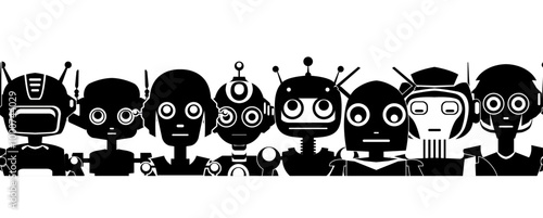 Photos Child cheerful horizontal banner with black silhouette of cartoon robots isolated from background