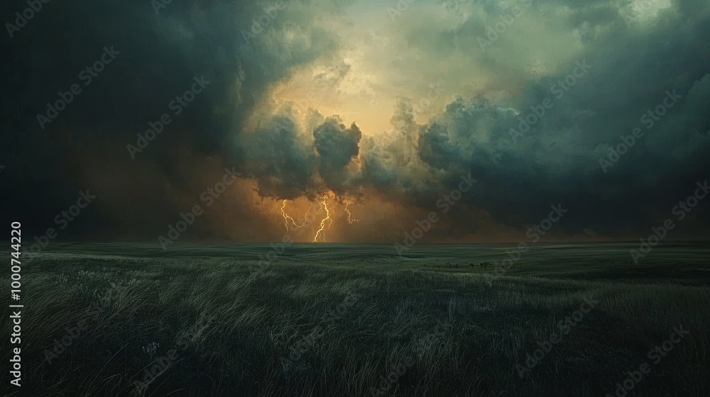 Fototapeta premium Electrifying Atmospheric Scene: Realistic Lightning Storm over Dark Prairie Sky