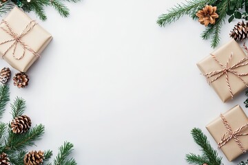 Festive frame with gifts, pine cones, and space for text