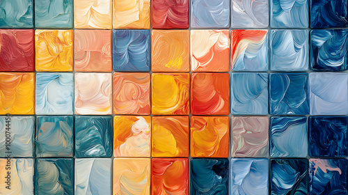 A wall covered with square tiles, each painted with a different abstract design in vibrant colors.