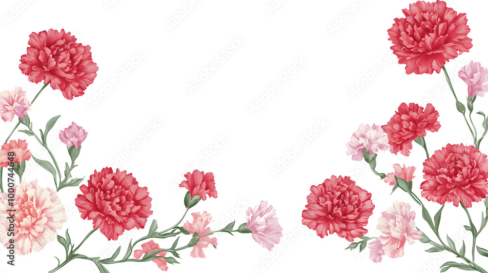 A scalloped-edge blank sign adorned with pink and red carnations with a few scattered green leaves for a playful and charmi A scalloped-edge blank sign adorned with pink and red carnations with a few scattered green leaves for a playful and charmi