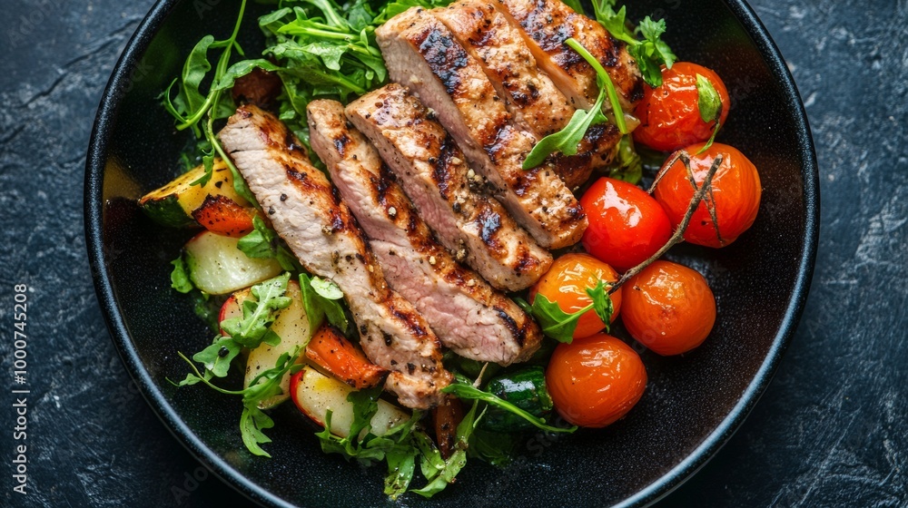 A plate of grilled meat and vegetables A plate of grilled meat and vegetables