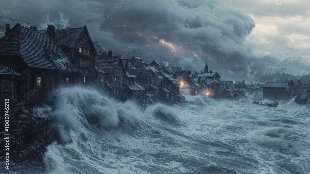 Fototapeta premium Powerful Storm Hits Coastal Village with High Winds and Crashing Waves - Dramatic Realistic Scene of Destruction
