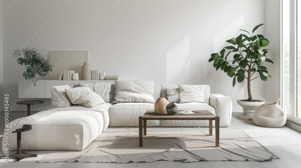 Stylish, modern white living room with minimal decor, featuring a comfortable sofa and a small coffee table Stylish, modern white living room with minimal decor, featuring a comfortable sofa and a small coffee table