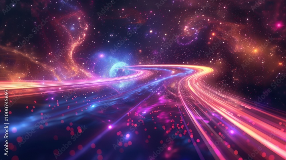 Vibrant neon curves of light arching gracefully in space, surrounded by distant galaxies and glowing cosmic dust Vibrant neon curves of light arching gracefully in space, surrounded by distant galaxies and glowing cosmic dust
