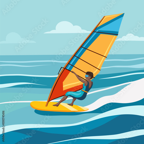 Vector illustration windsurfing. African woman surfing in the sea. Active summer lifestyle. Vacation activities