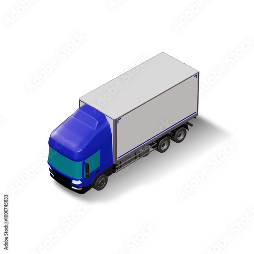 3D Isometric Cargo Truck Photoreal Vector Illustration Modern Blue Cabine and White Van Intercity Delivery Vehicle 6x4 Design for Logistics Transport Presentation Social Media Video Promo Front Left
 photo