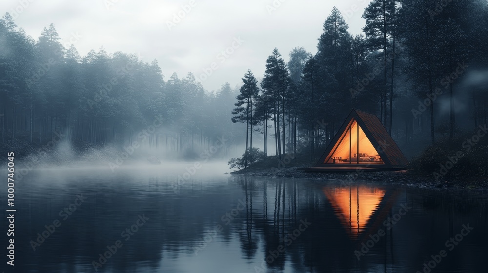 Fototapeta premium Cozy Triangle House, a charming 3D illustration featuring a unique triangular design, nestled in a serene landscape, inviting warmth and comfort.