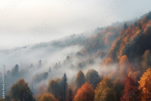 View of forest with fog during autumn Generative AI