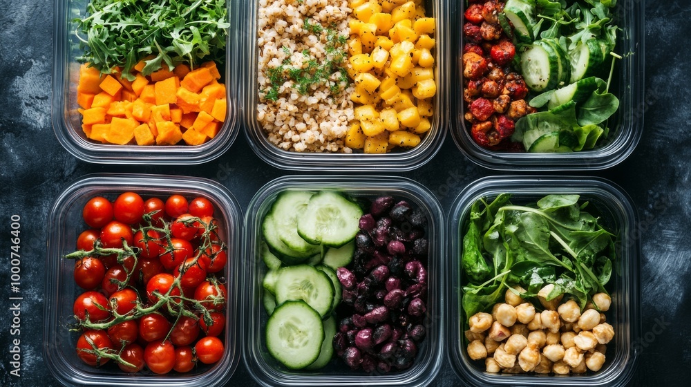 A row of clear plastic containers filled with a variety of vegetables and fruits A row of clear plastic containers filled with a variety of vegetables and fruits