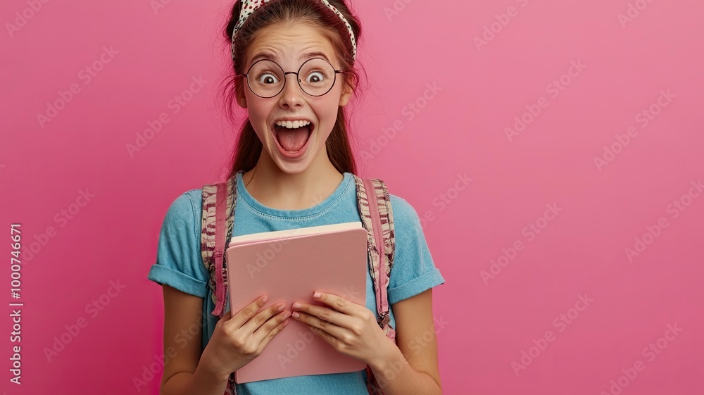 Photo of amazed cheerful girl look blank space see promotion go campus courses isolated on pink color background .generative ai