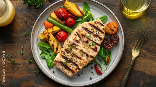 A plate of grilled chicken and vegetables with a fork