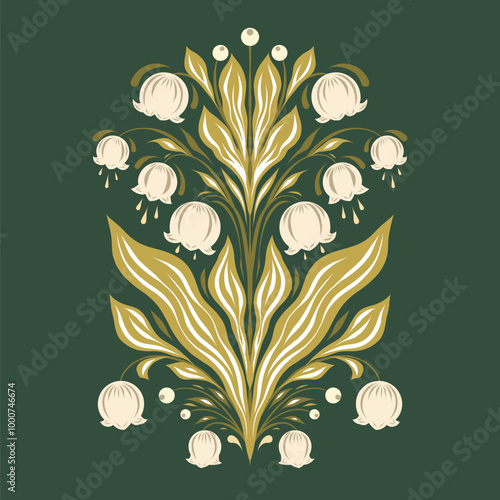 Vector tracery illustration of lilies of the valley in flat style. Floral symmetrical arrangement on a dark green background. Decorative spring flowers for postcards