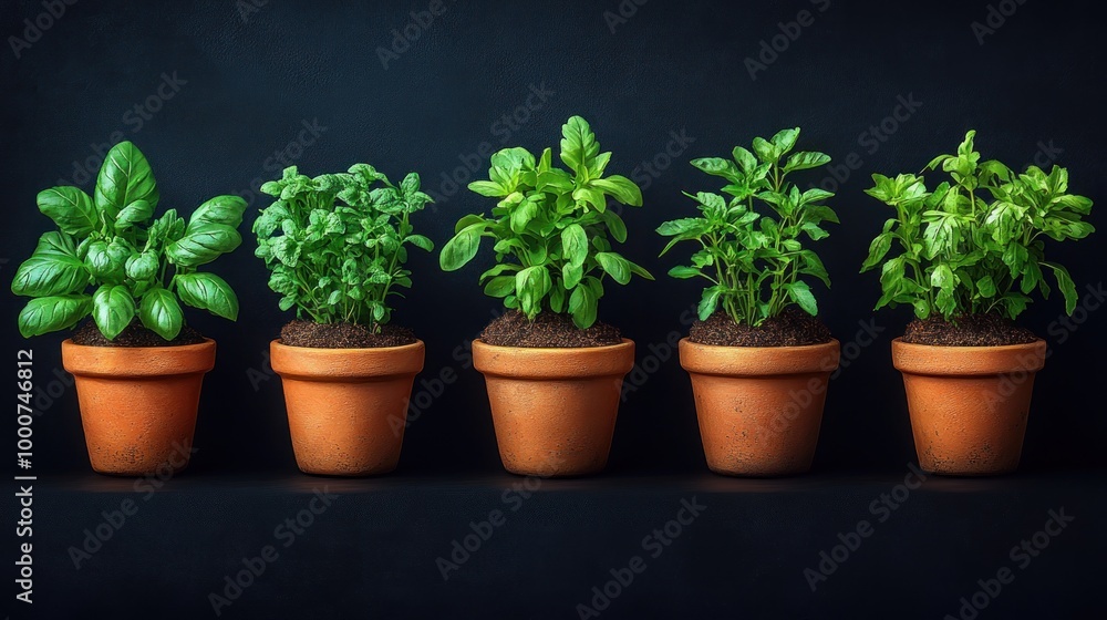 Five potted herbs arranged in a row against a dark background. Five potted herbs arranged in a row against a dark background.