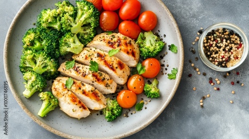 A plate of chicken, broccoli, and tomatoes with a jar of pepper on the table