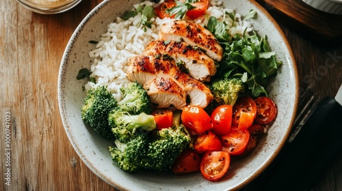 A bowl of food with chicken, broccoli, and tomatoes