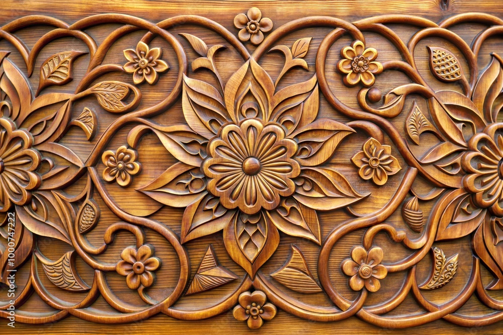 Intricate floral carvings on wooden surface with warm lighting close-up Intricate floral carvings on wooden surface with warm lighting close-up