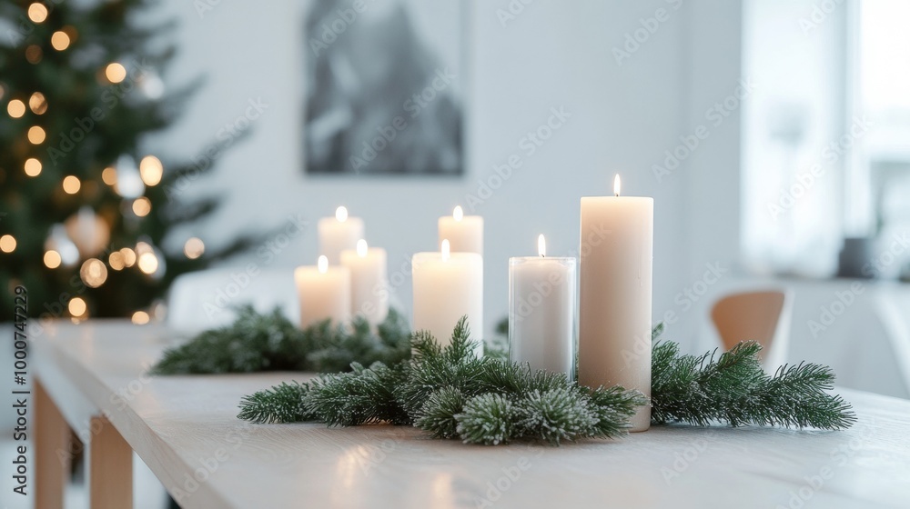 A table with candles and a Christmas tree in the background A table with candles and a Christmas tree in the background