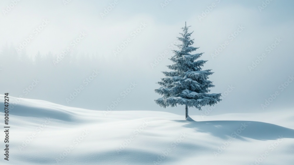 A small pine tree stands alone in a snowy field