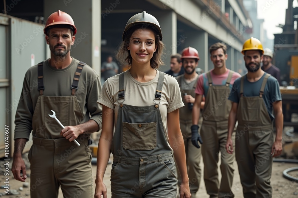 Fototapeta premium Group of construction workers in overalls and hard hats walking on a job site, led by a confident female worker