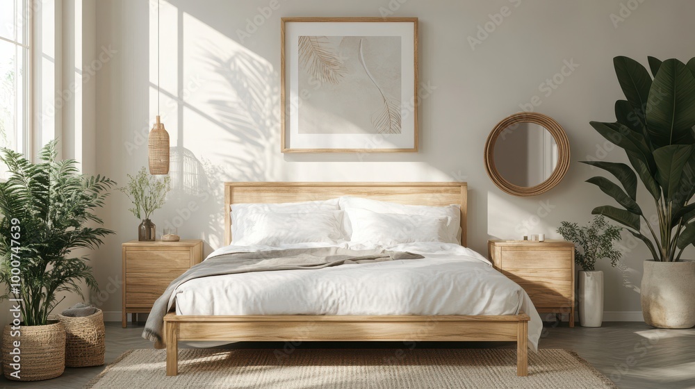 Mock up frame in a minimalist bedroom with clean lines and natural wooden bedframe, 3D render Mock up frame in a minimalist bedroom with clean lines and natural wooden bedframe, 3D render