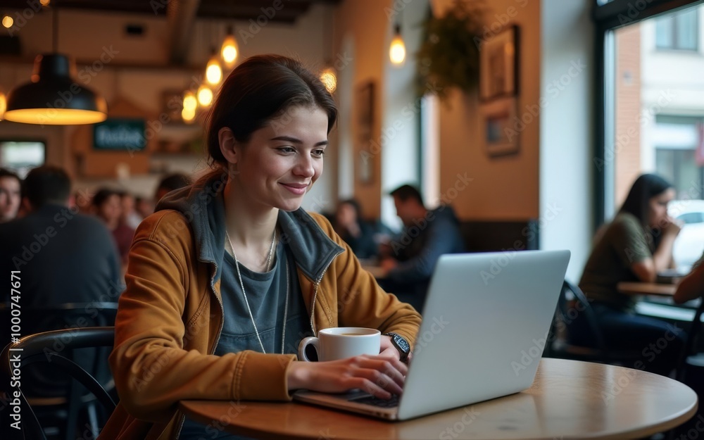 Fototapeta premium Smiling woman working on laptop in cozy café with coffee, relaxed atmosphere, and warm lighting