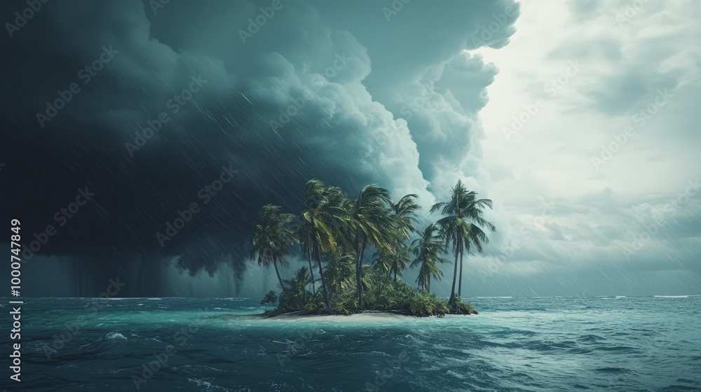 Fototapeta premium Tropical Storm Brewing Over Serene Island - Dramatic Footage of Dark Clouds Swirling Ominously in the Sky