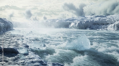 Majestic Spring Thaw: Powerful River Flow with Ice Chunks Breaking Loose