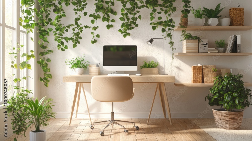 Fototapeta premium A computer desk with a plant on it and a plant on the wall