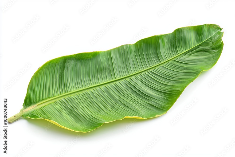 Fototapeta premium Single green banana leaf isolated on a white background.