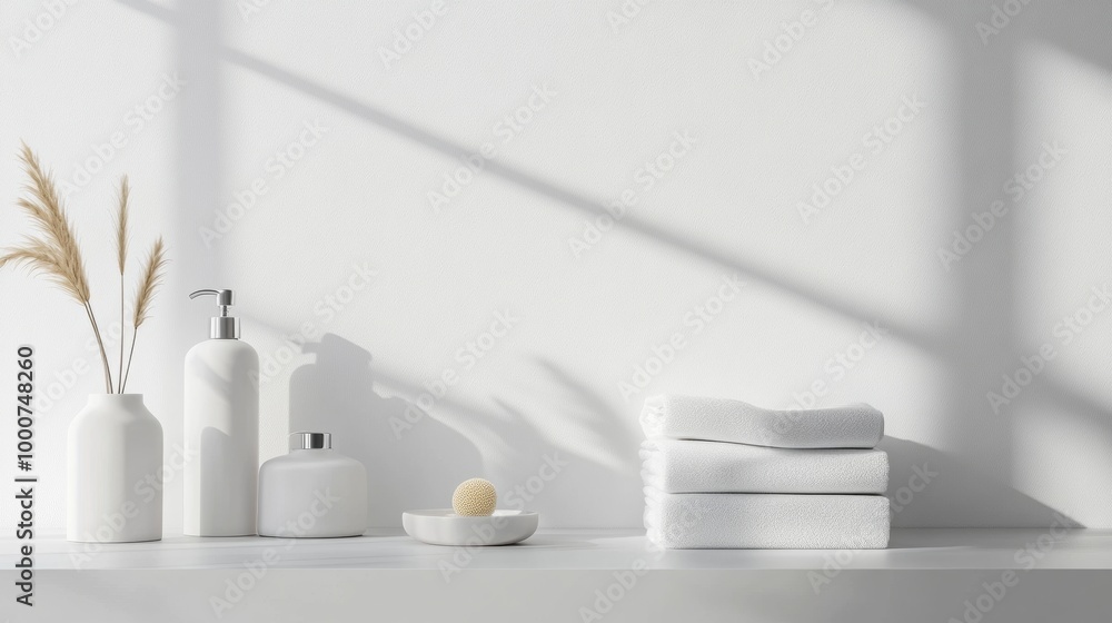 A white shelf with a vase, a bottle, and a bowl A white shelf with a vase, a bottle, and a bowl