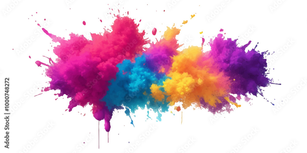 Fototapeta premium Bright colorful watercolor splash splatter stain brush strokes on white background. Modern vibrant aquarelle spot. Rainbow trendy isolated design on white. Element. Vector watercolor illustration.