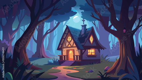 Witchs Cottage with Glowing Windows Halloween Background Vector Illustration in Spooky Forest Setting