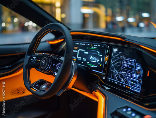 Modern Electric Car Dashboard with Orange Accent Lighting photo