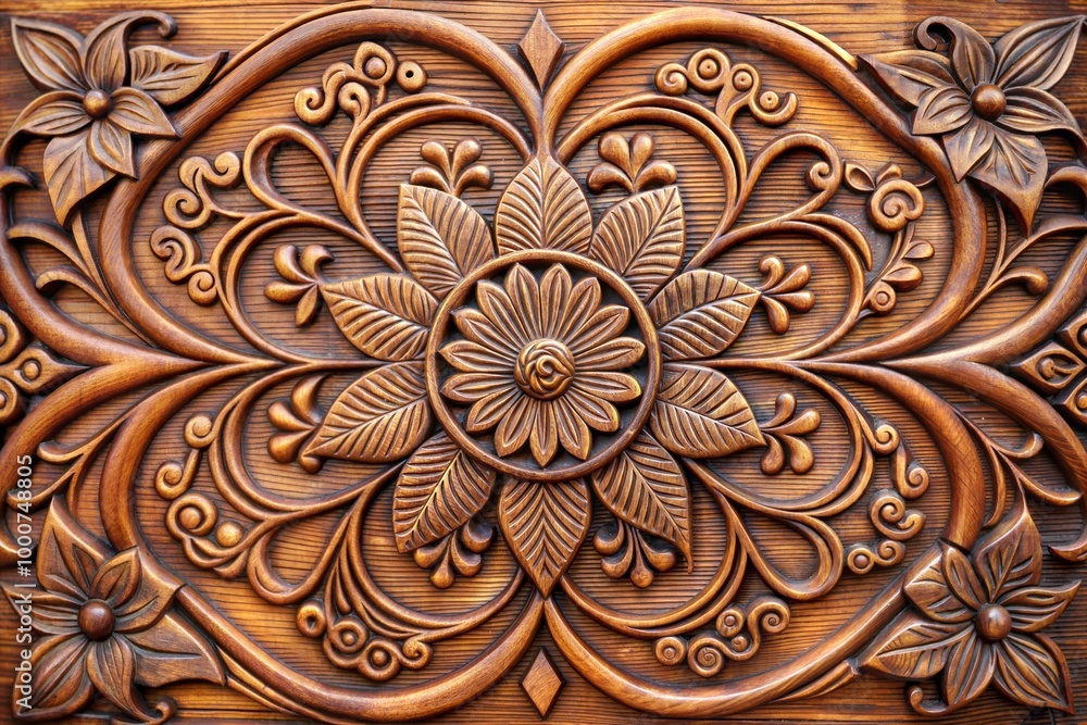 Intricate wood carving with floral motifs close-up Intricate wood carving with floral motifs close-up